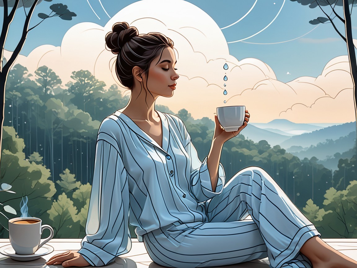Young Woman in Pajamas Enjoys Mountain View on Balcony