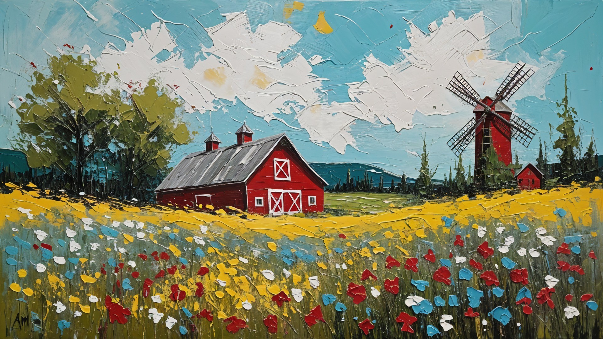 Vibrant Countryside Scene with Barn and Wildflowers