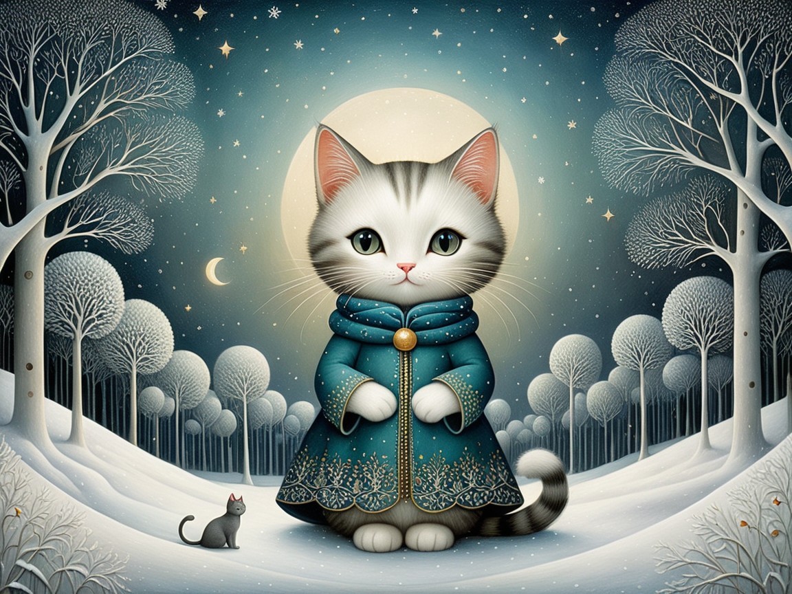 Kitten in Blue Coat in Snowy Night Landscape