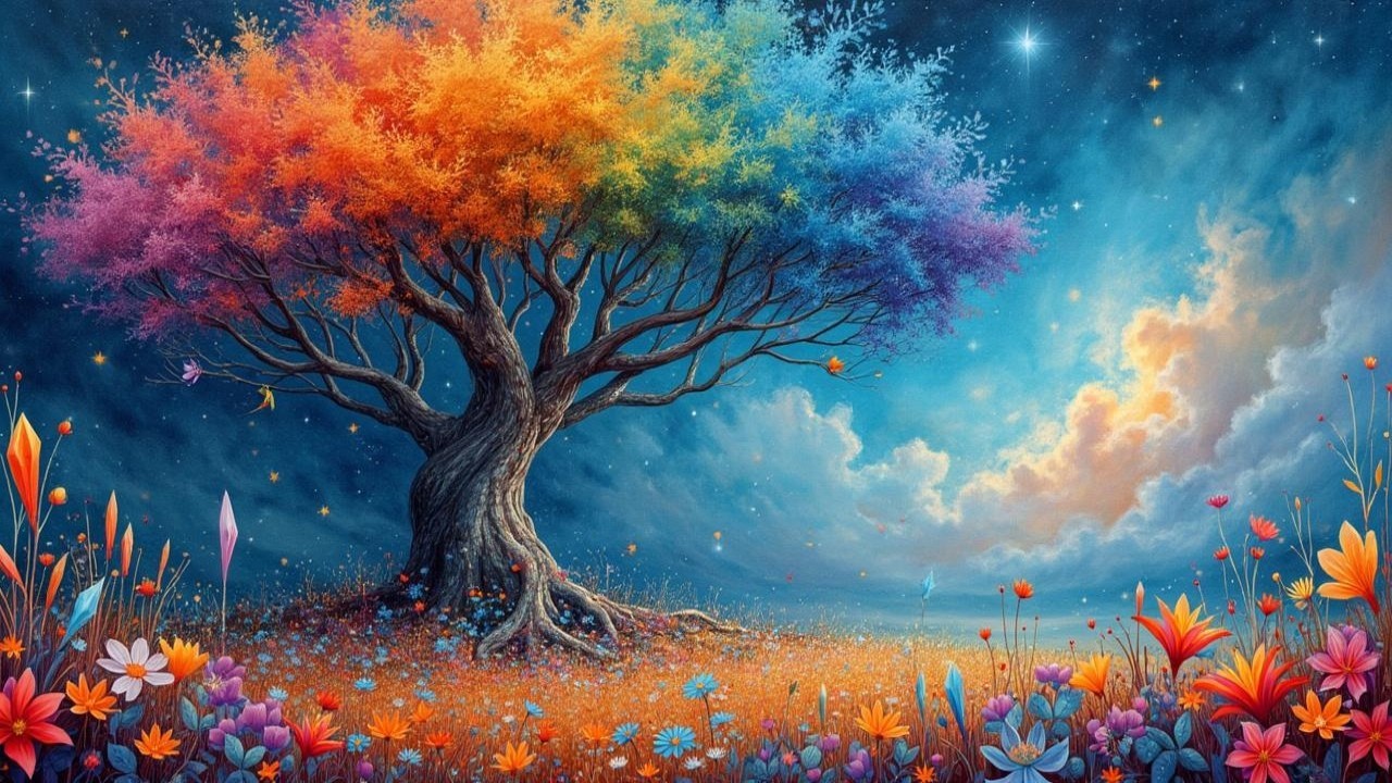 Majestic tree with colorful leaves and blooming flowers