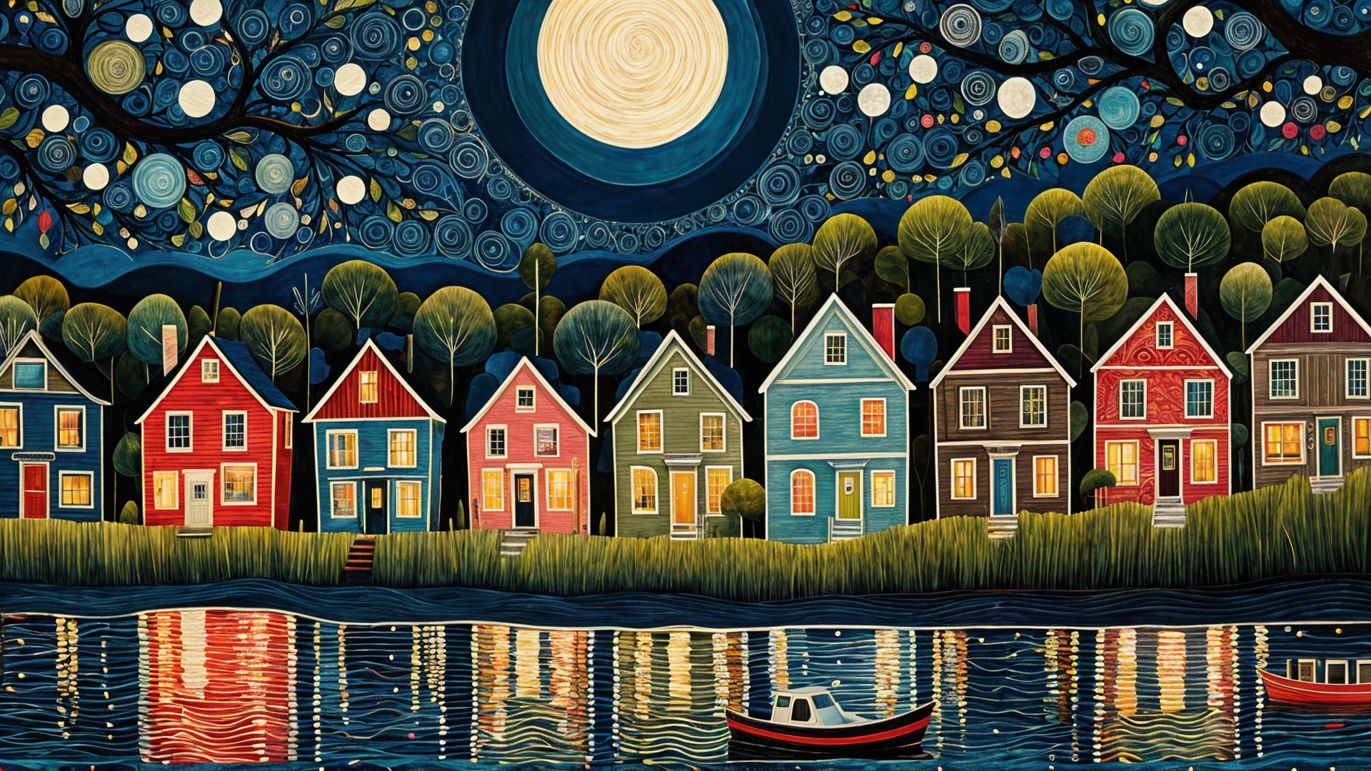 Serene Nighttime Scene with Colorful Houses and Lake
