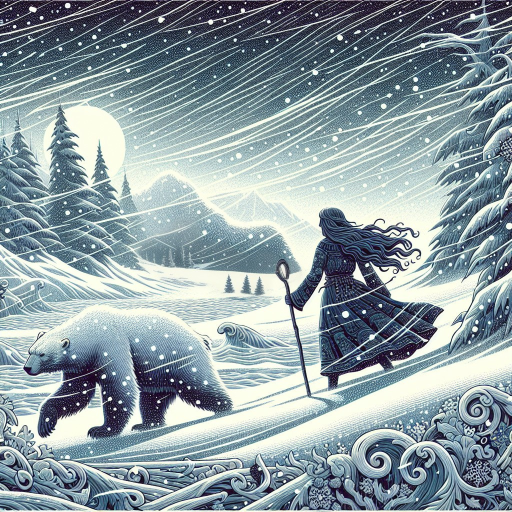 Solitary Figure and Bear in a Snowy Landscape
