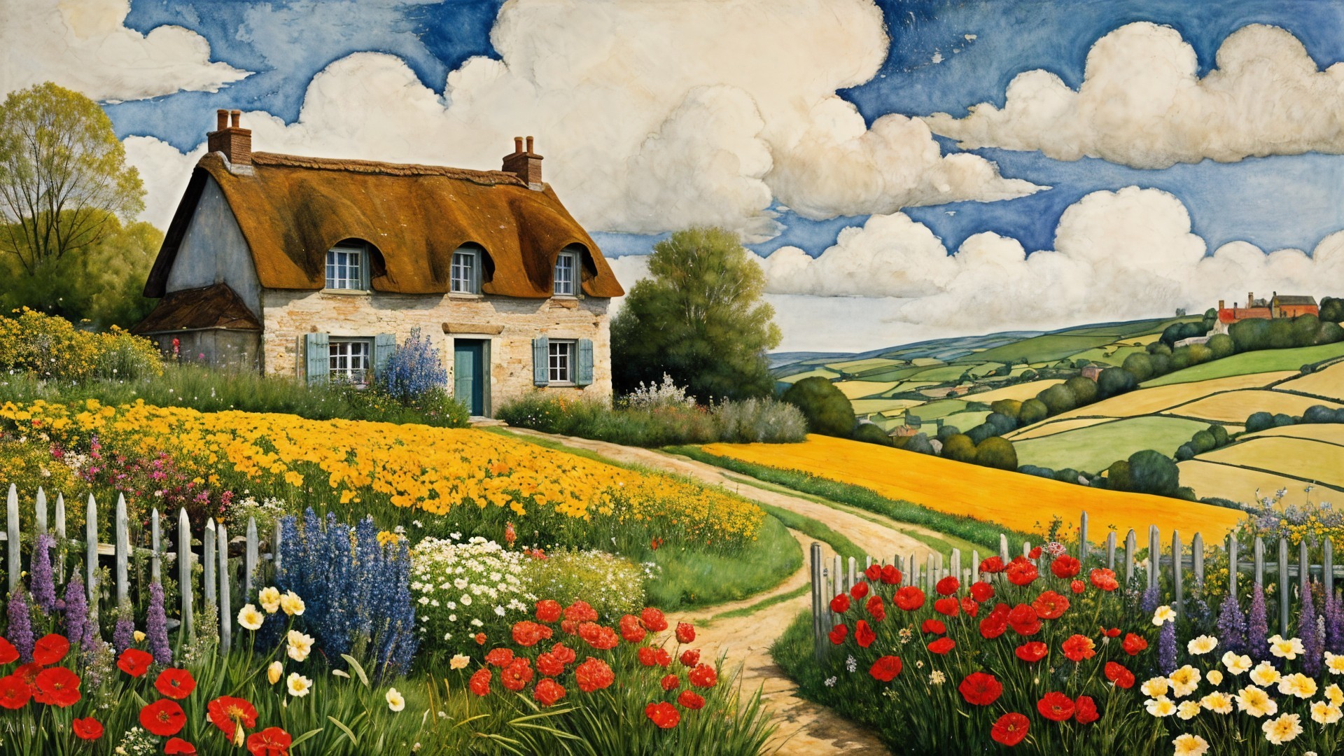 Charming Countryside Scene with Thatched Cottage and Flowers