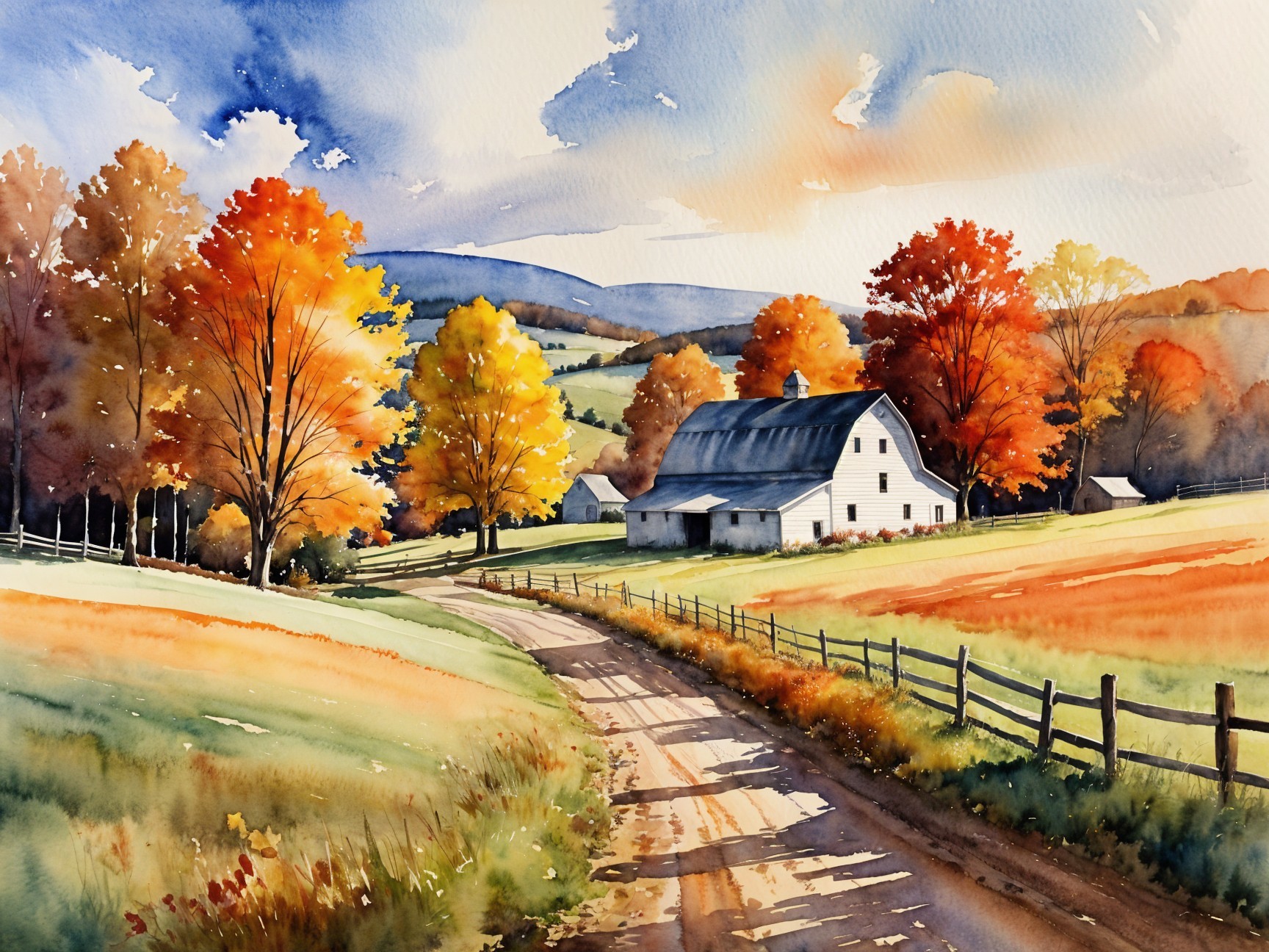 Serene Autumn Landscape with Vibrant Trees and Farmhouse
