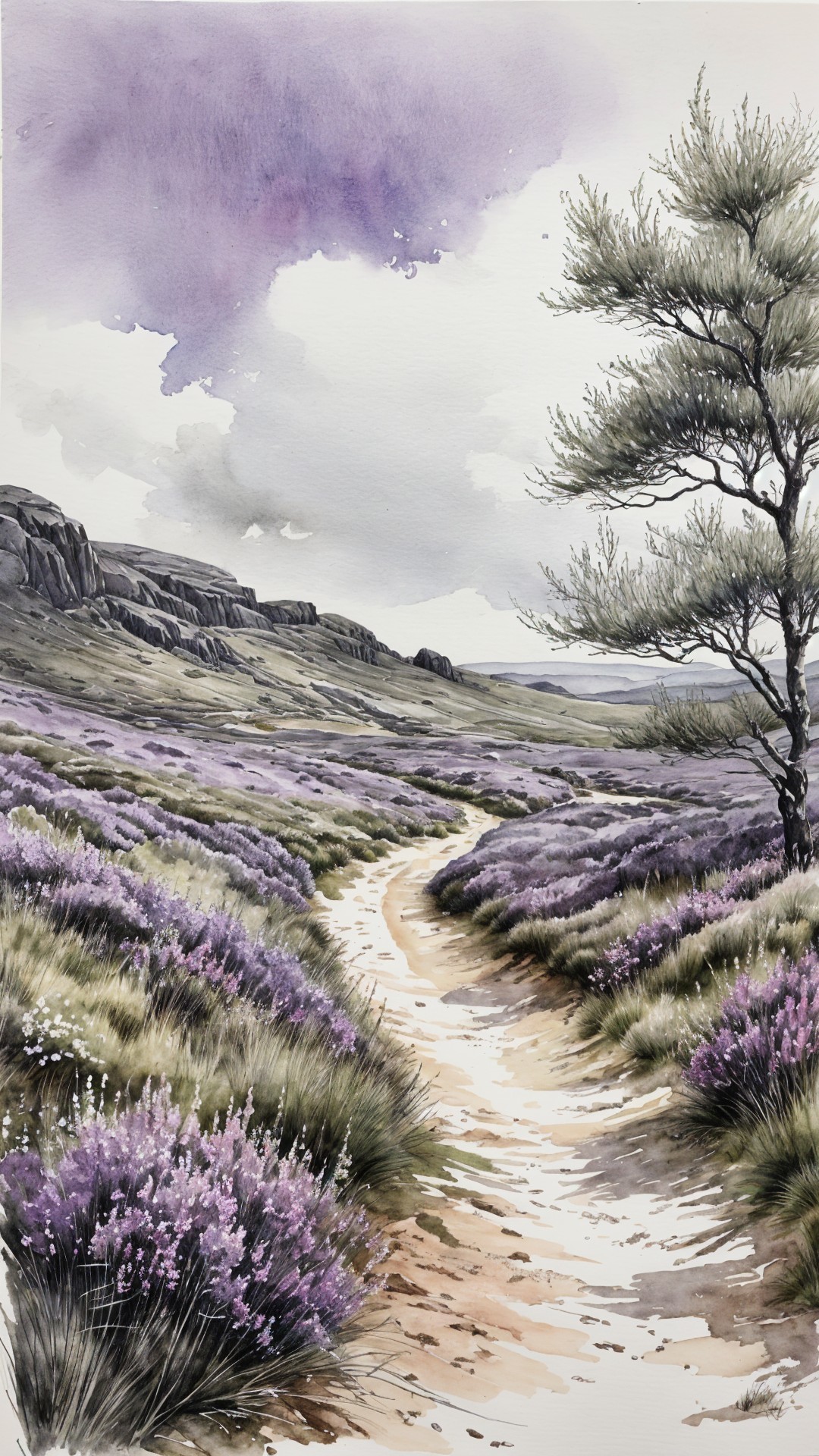 Watercolor Landscape of Lavender Fields and Hills