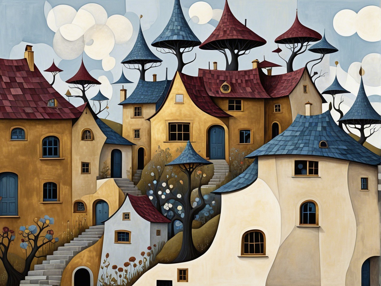Whimsical Landscape with Colorful Unique Houses