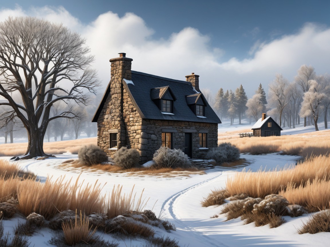 Cozy Stone Cottage in Serene Winter Landscape