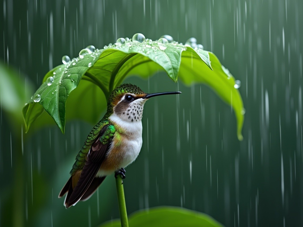 Hummingbird on Leafy Branch in Gentle Rain Scene
