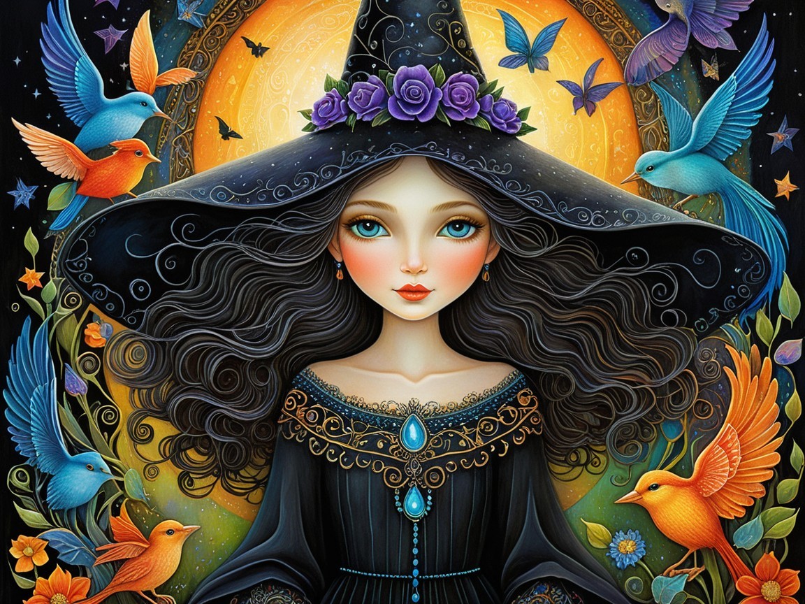 Mystical witch with ornate hat and vibrant creatures