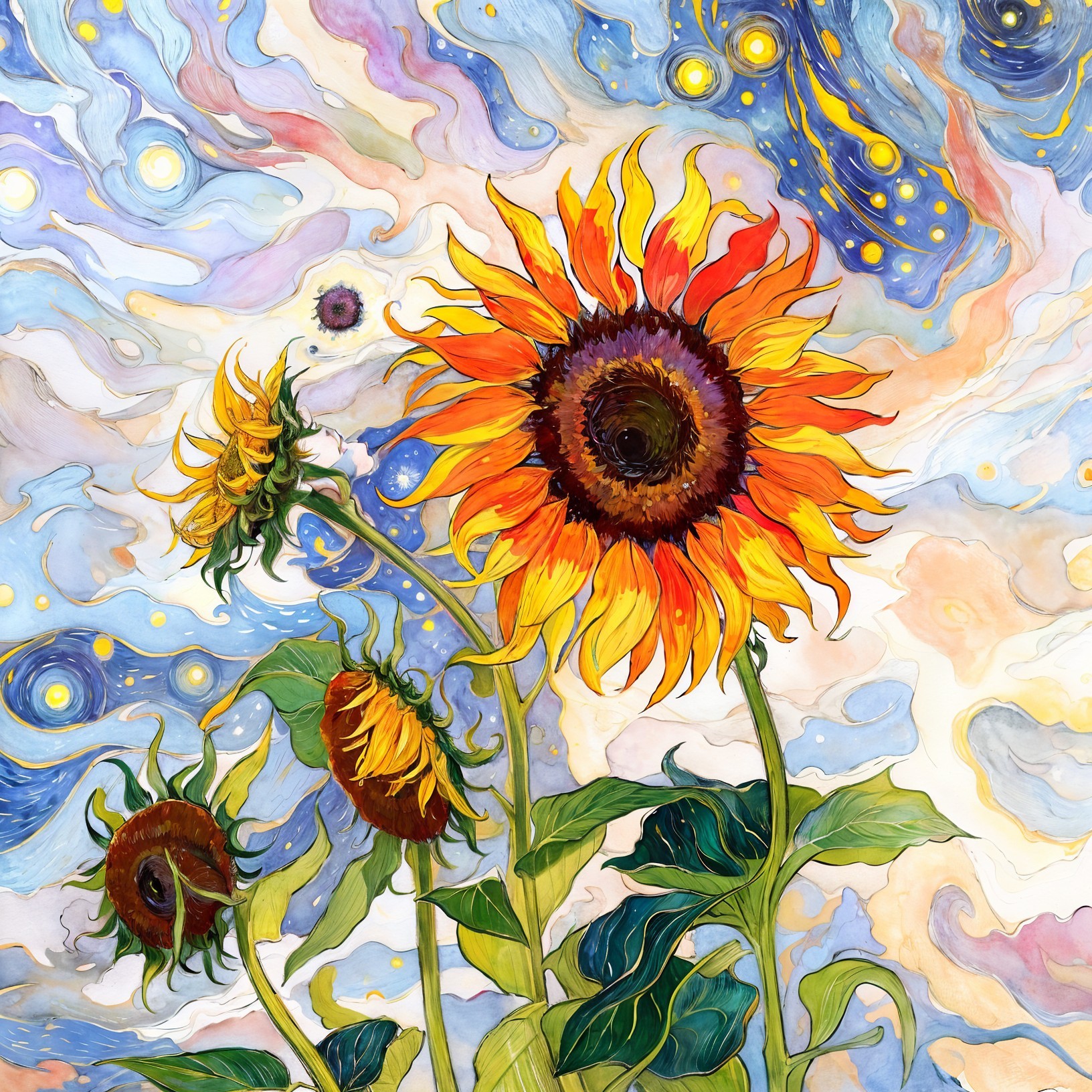 Sunflowers Against a Pastel Sky with Golden Stars