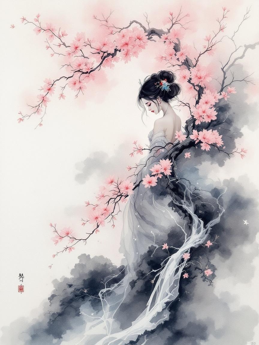 Ethereal Illustration of a Woman Among Cherry Blossoms