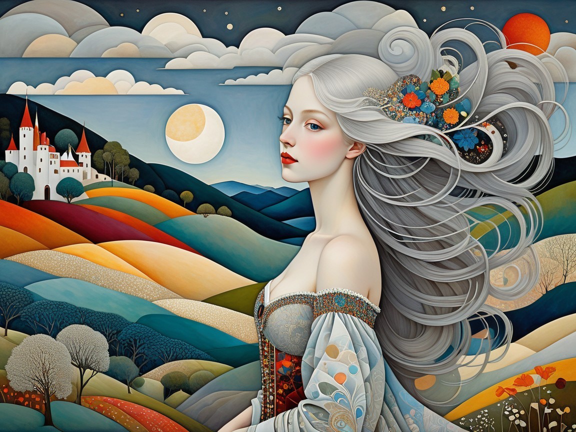 Serene portrait of a young woman with silver hair