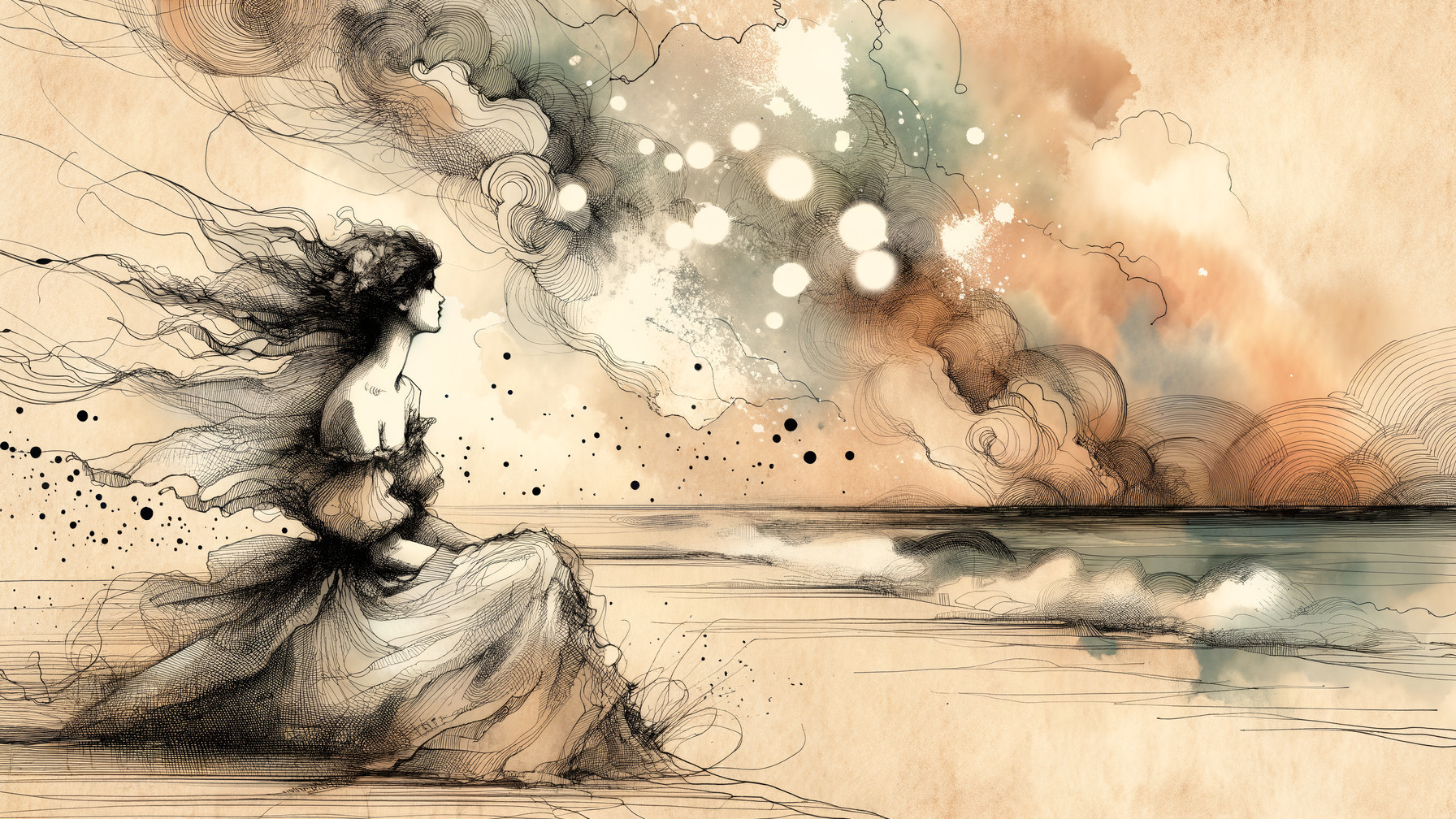 Ethereal Figure on Shoreline with Pastel Colors