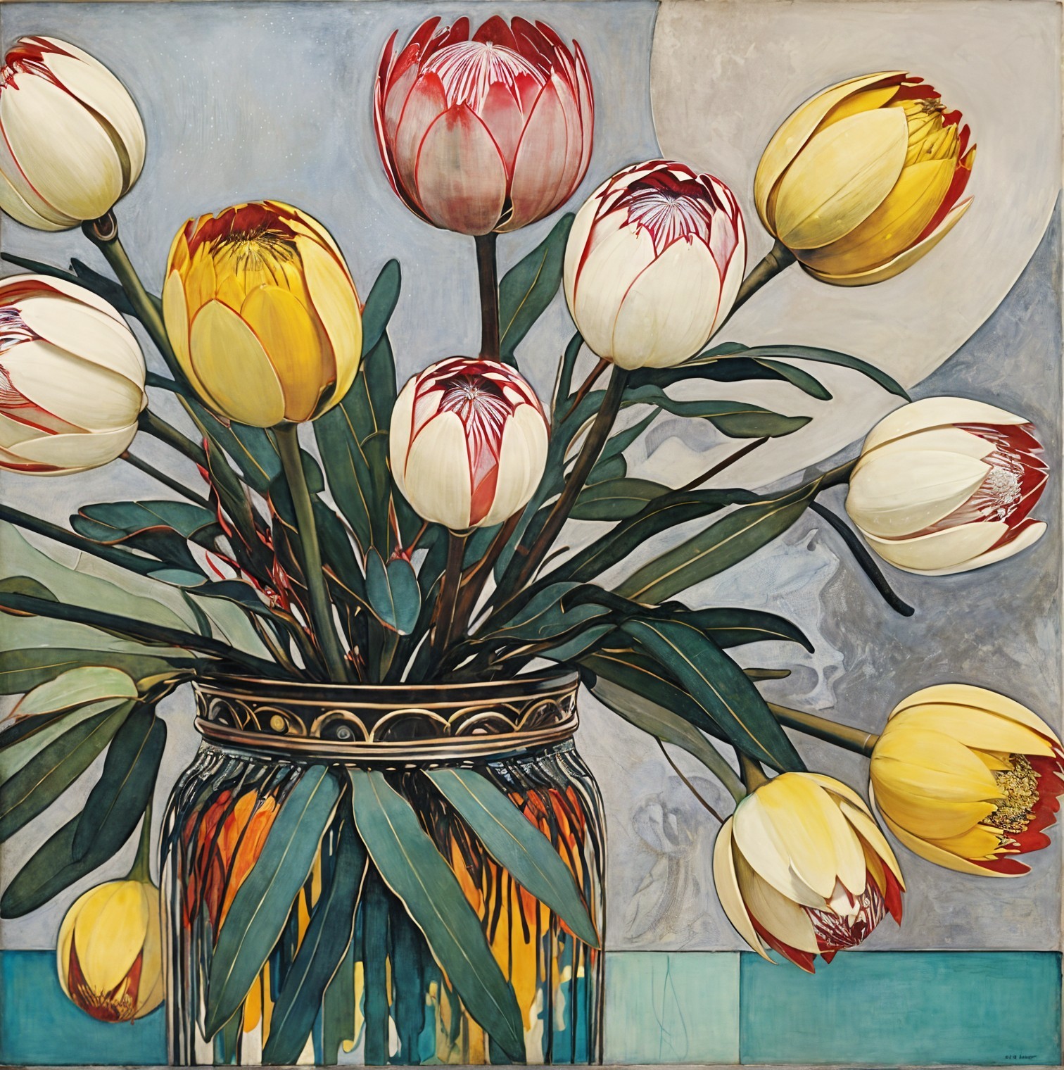 Vibrant Tulip Bouquet in Decorative Jar with Green Leaves