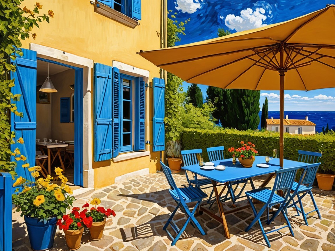Charming terrace with blue furniture and sea view