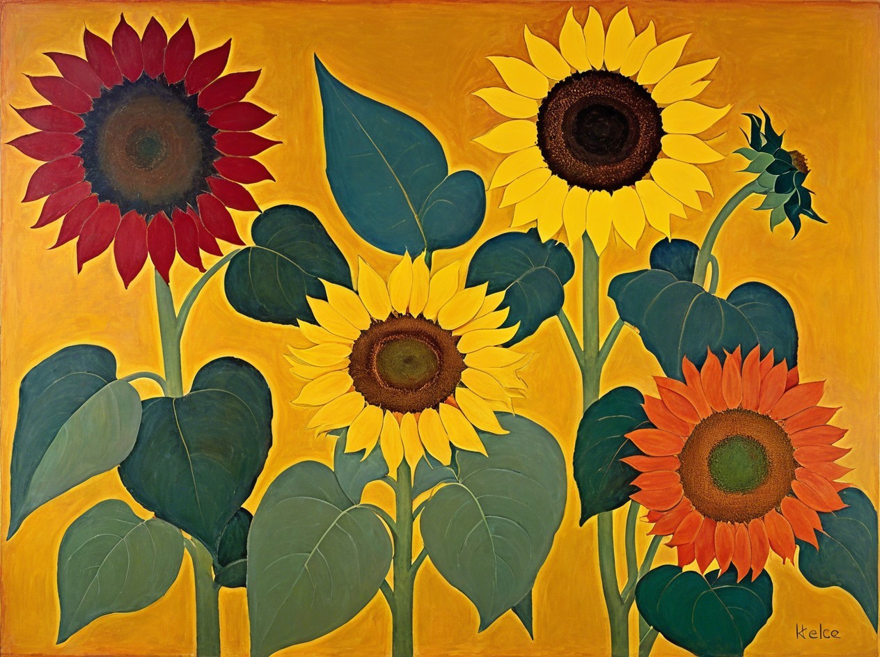Vibrant Painting of Sunflowers on Yellow Background