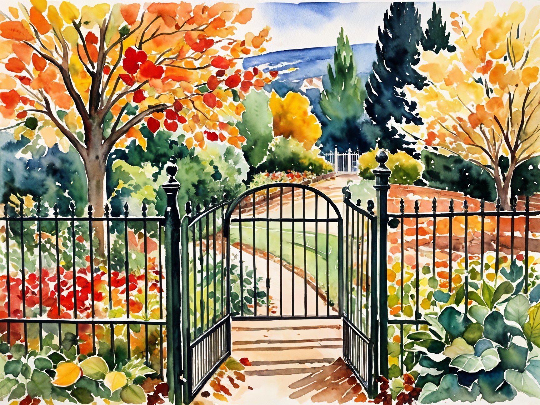 Vibrant Watercolor Garden Scene with Autumn Foliage