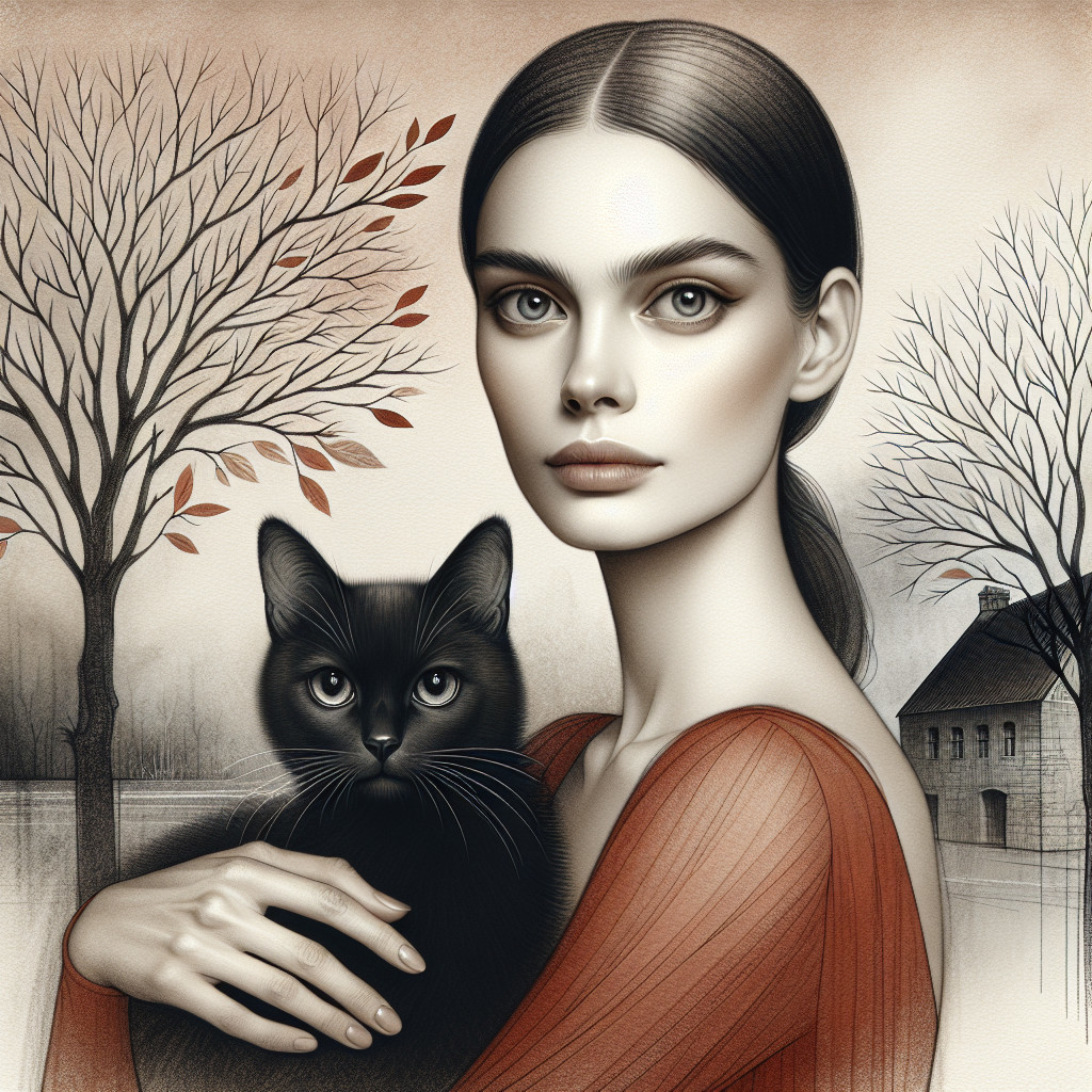 Woman with Black Cat in Autumn Landscape