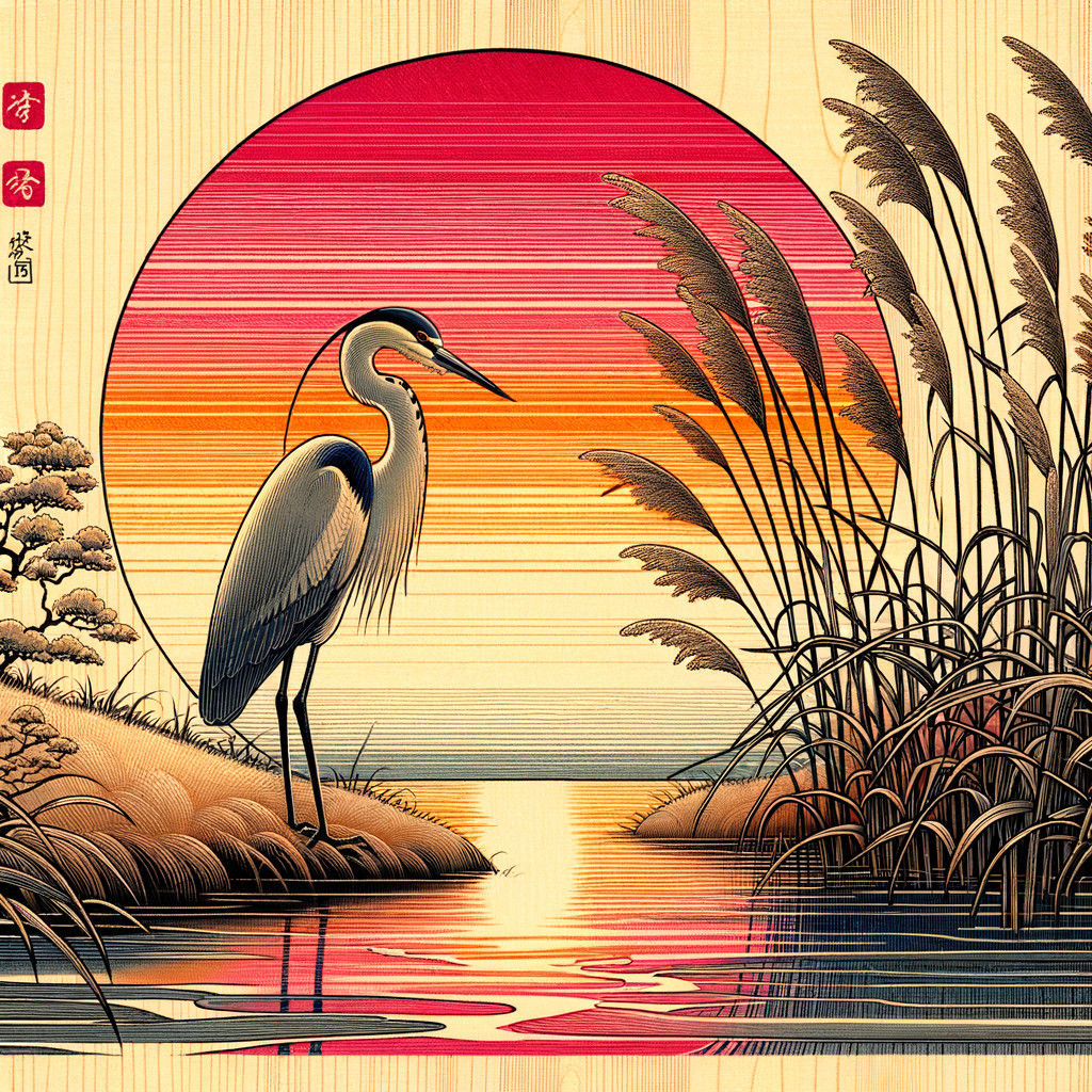 Serene Landscape with Heron by Tranquil Waterway