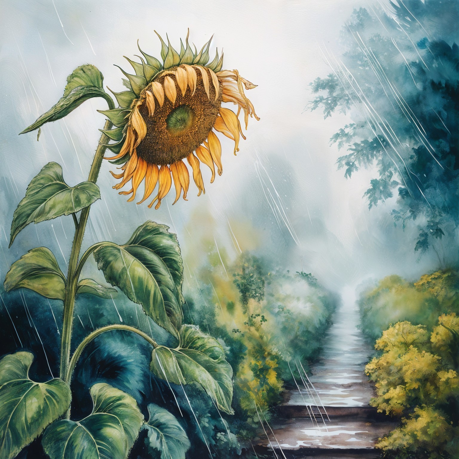 Sunflower in Misty Landscape with Raindrops and Path