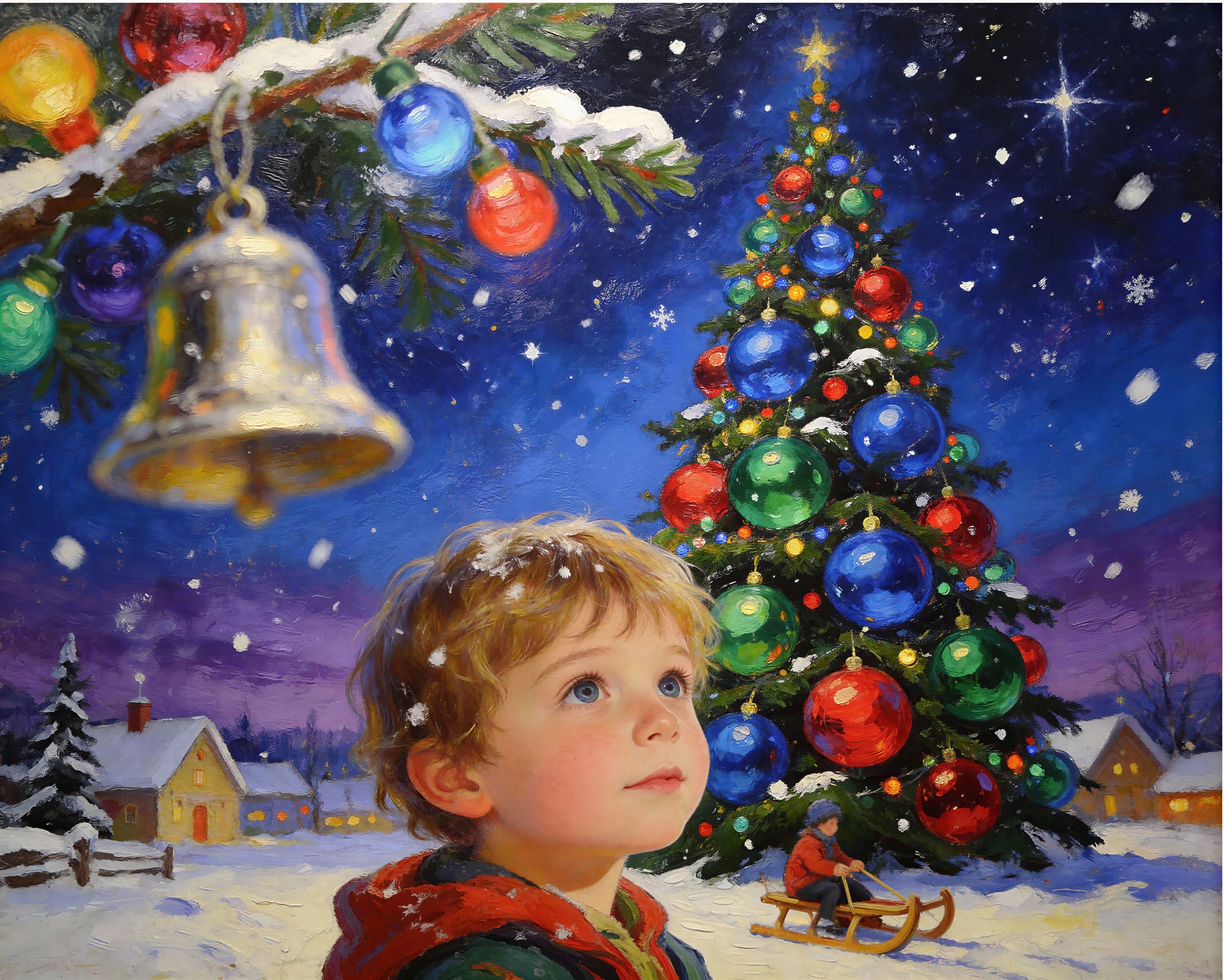 Detailed Oil Painting of a Boy in a Snowy Landscape