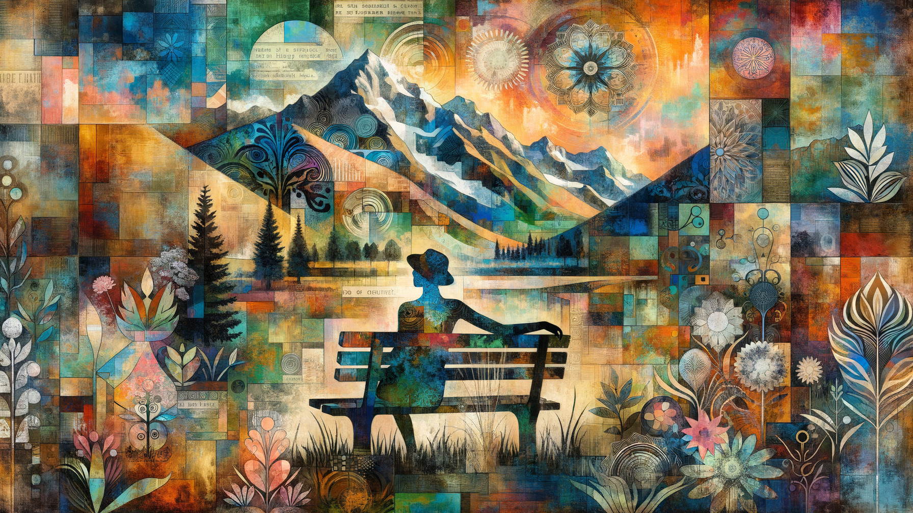 Vibrant Abstract Art with Mountain and Lake Landscape