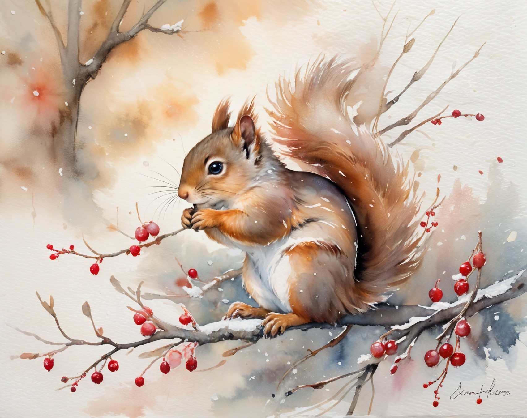 Watercolor Painting of Squirrel on Snowy Branch