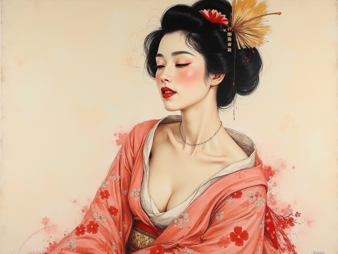 Traditional Japanese Woman in Vibrant Orange Kimono