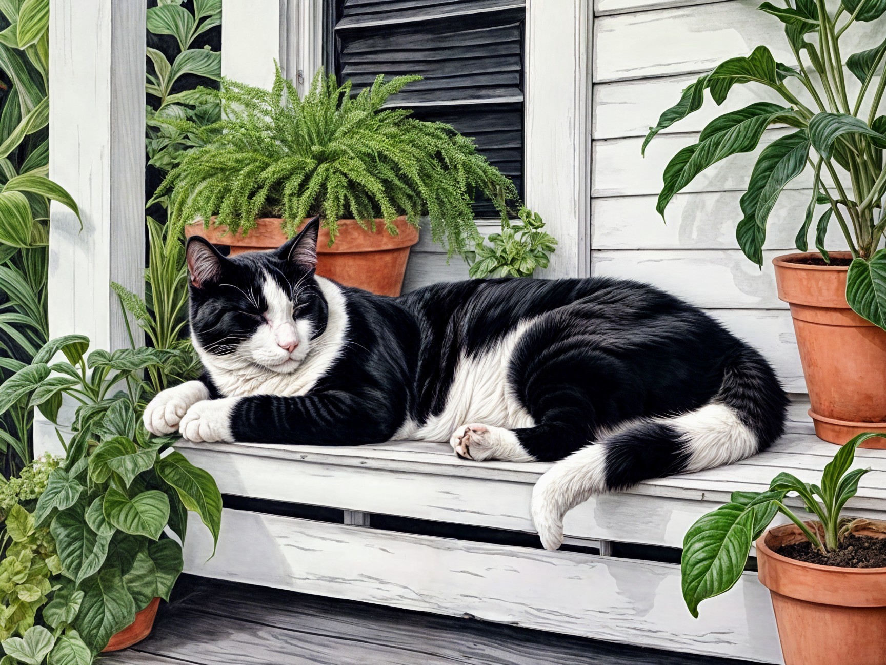 Black and white cat relaxing in a serene garden setting