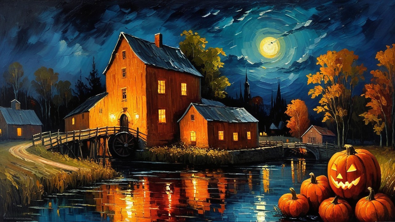 Rustic House by River in Autumn Moonlight Scene