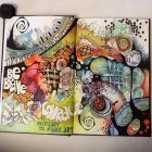 Abstract Oil Painting of Woman in Blue Hat and Mosaic Background