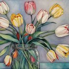 Vibrant Tulip Bouquet in Decorative Jar with Green Leaves