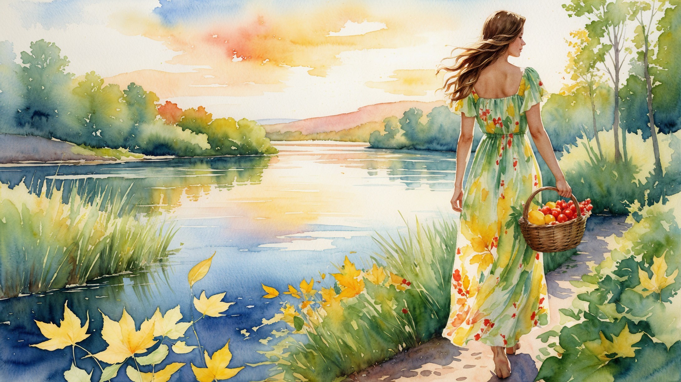 Watercolor Scene of Woman by Calm River at Sunset