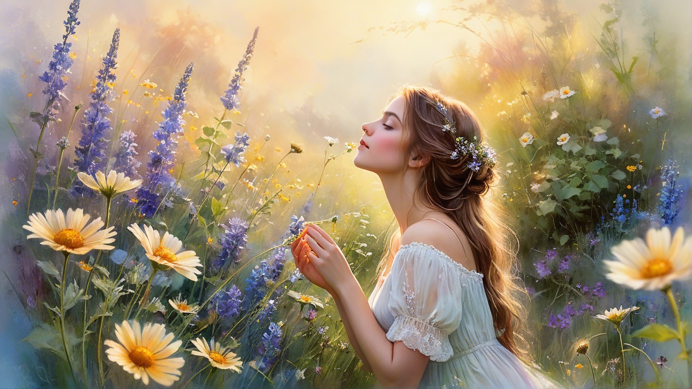 Young Woman in White Dress in Colorful Meadow