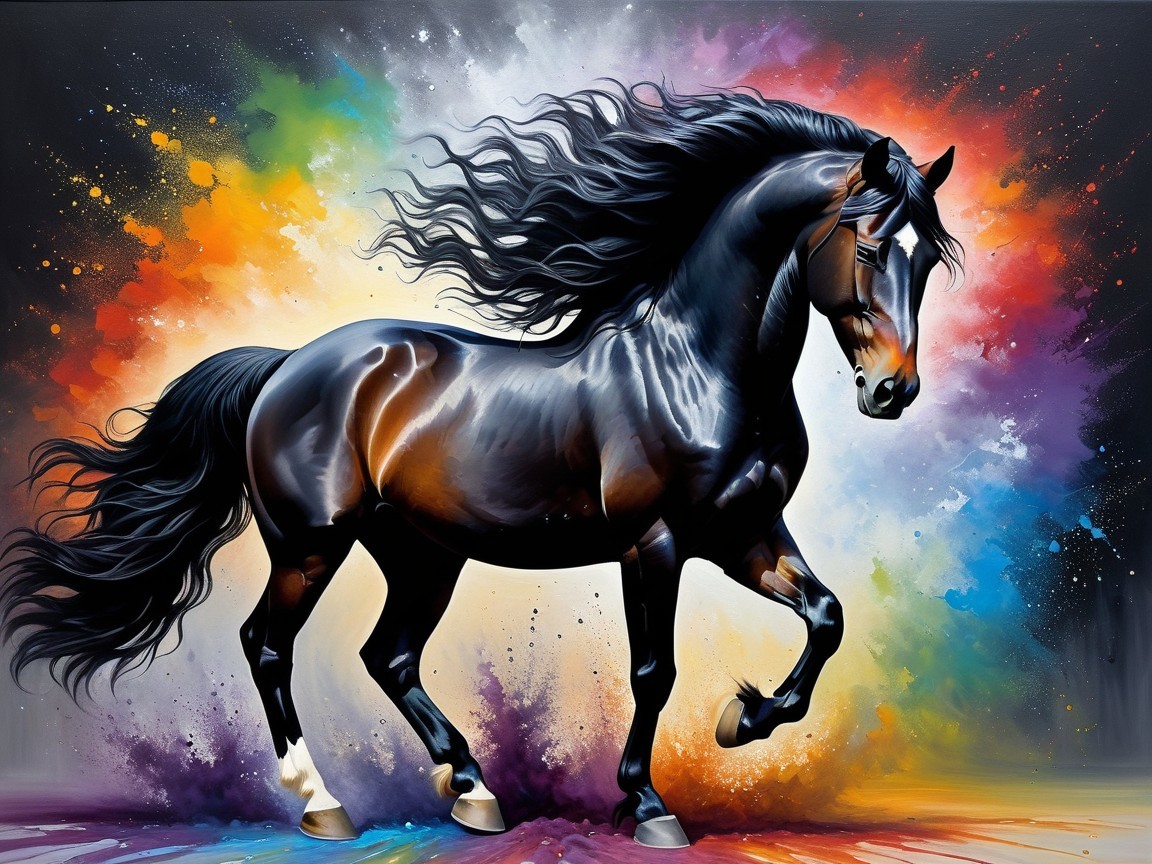 Black Horse Galloping with Vibrant Color Background