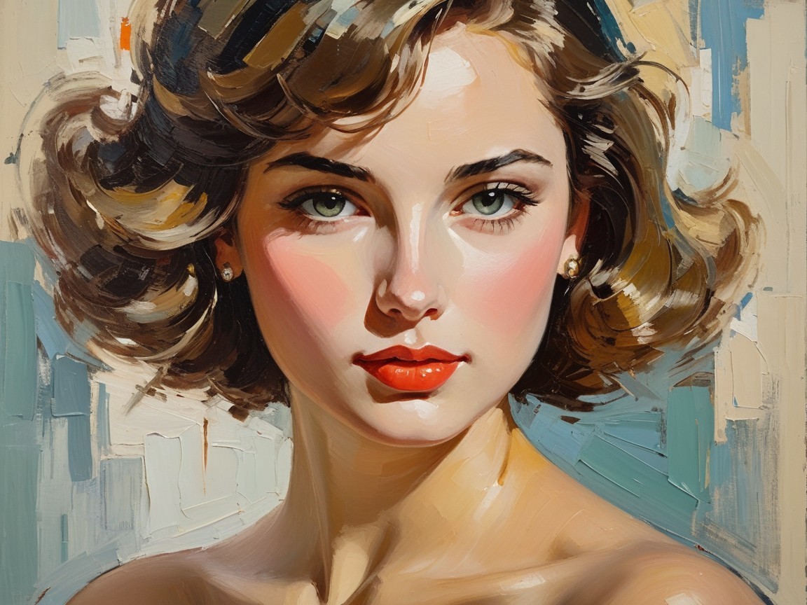 Portrait of a Young Woman with Green Eyes and Red Lips
