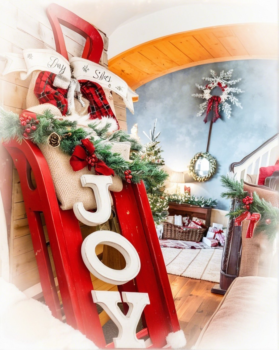 Festive Holiday Scene with Red Sled and Decorations