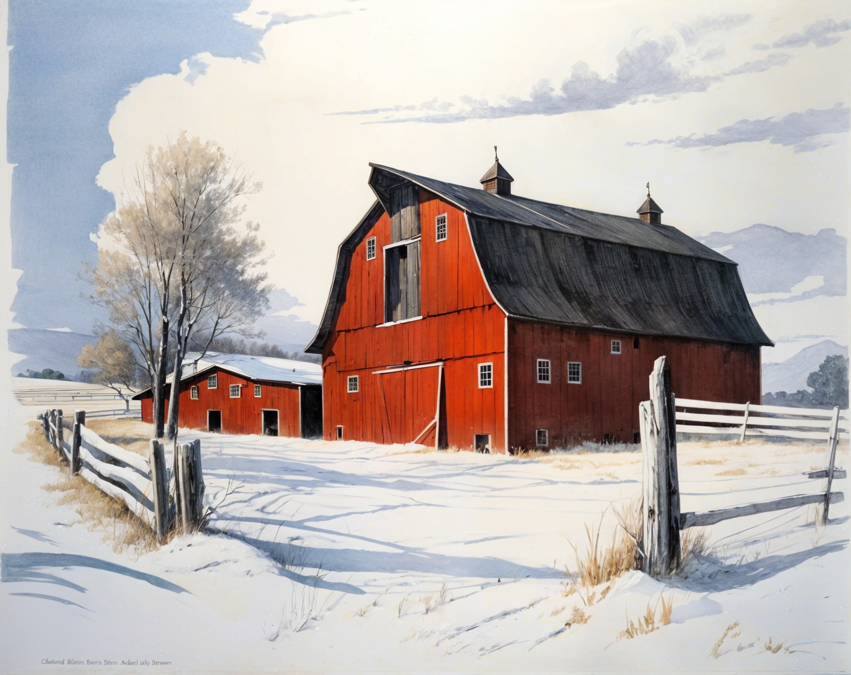 Classic Red Barn in Serene Winter Landscape