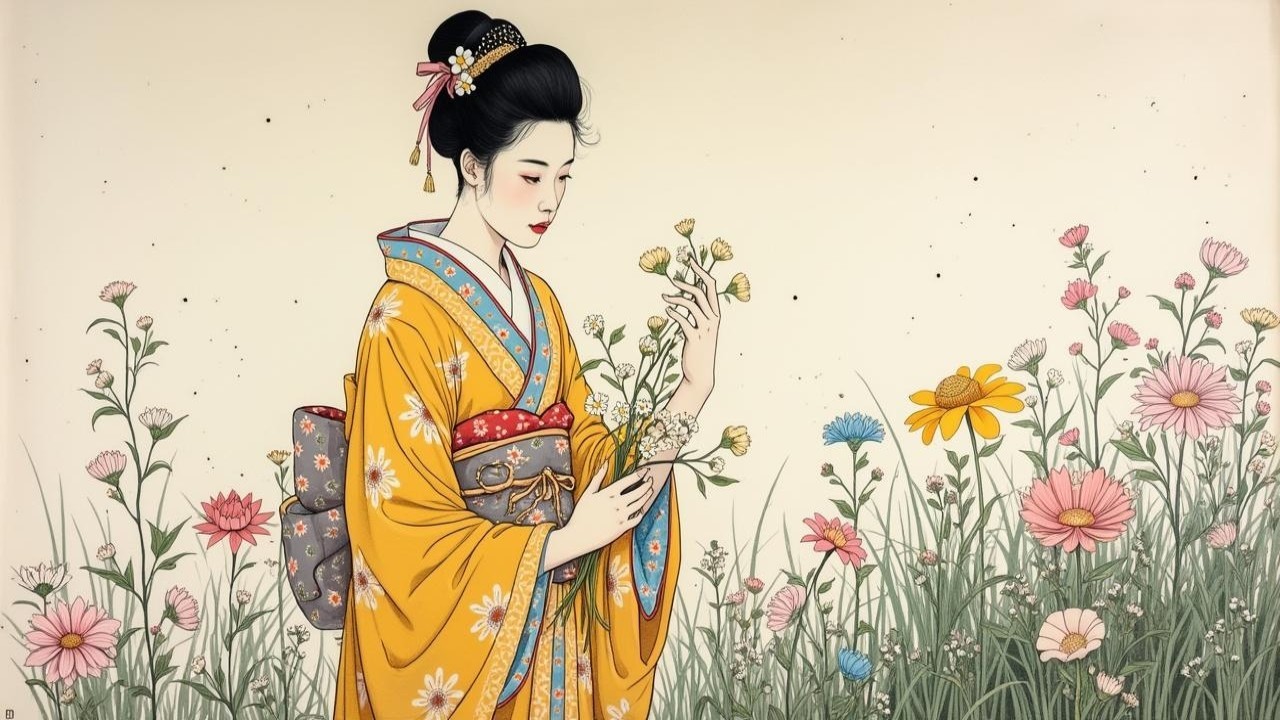 Young Woman in Yellow Kimono in Lush Garden Setting