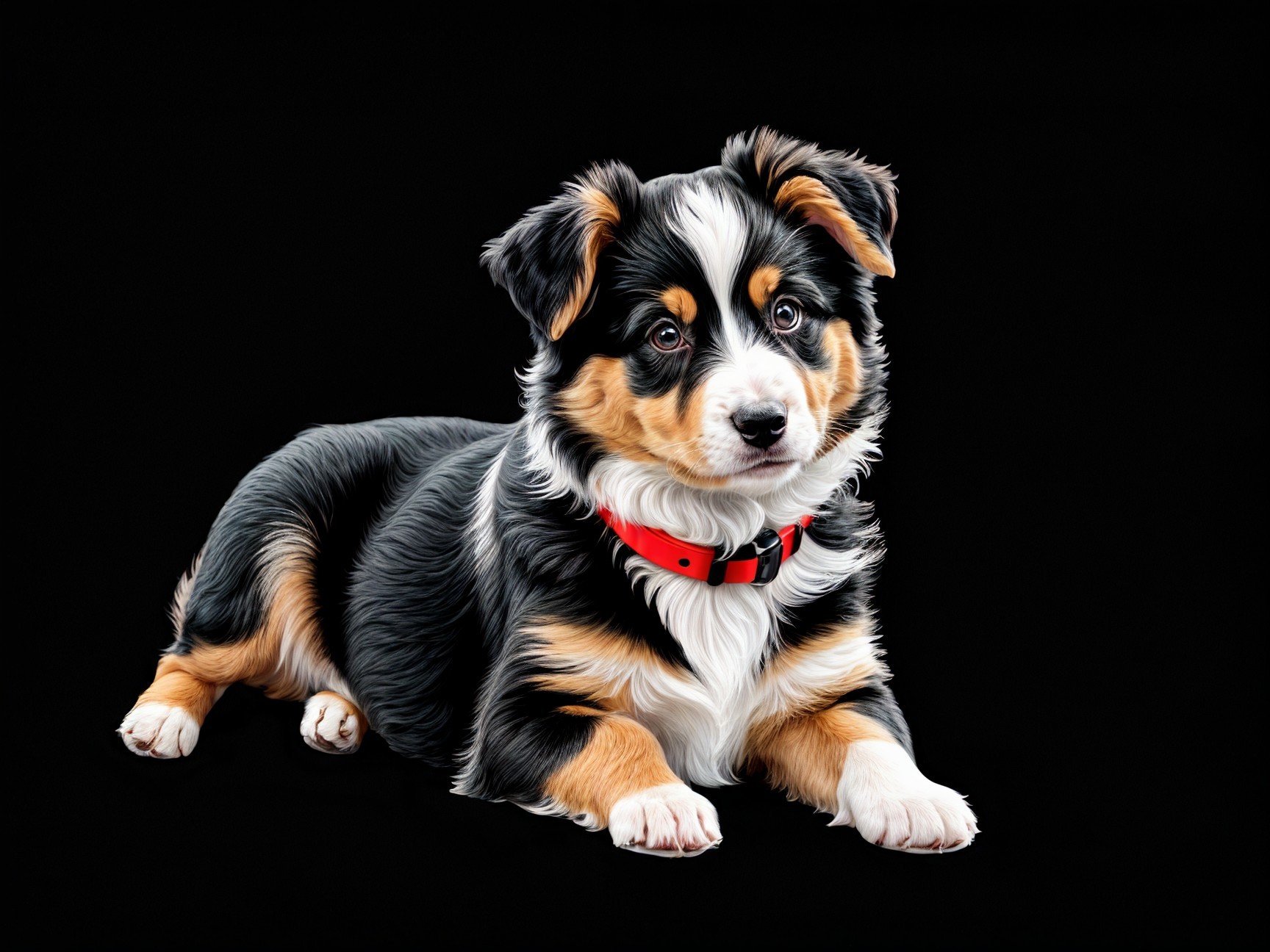 Tri-colored puppy with blue eyes on black background