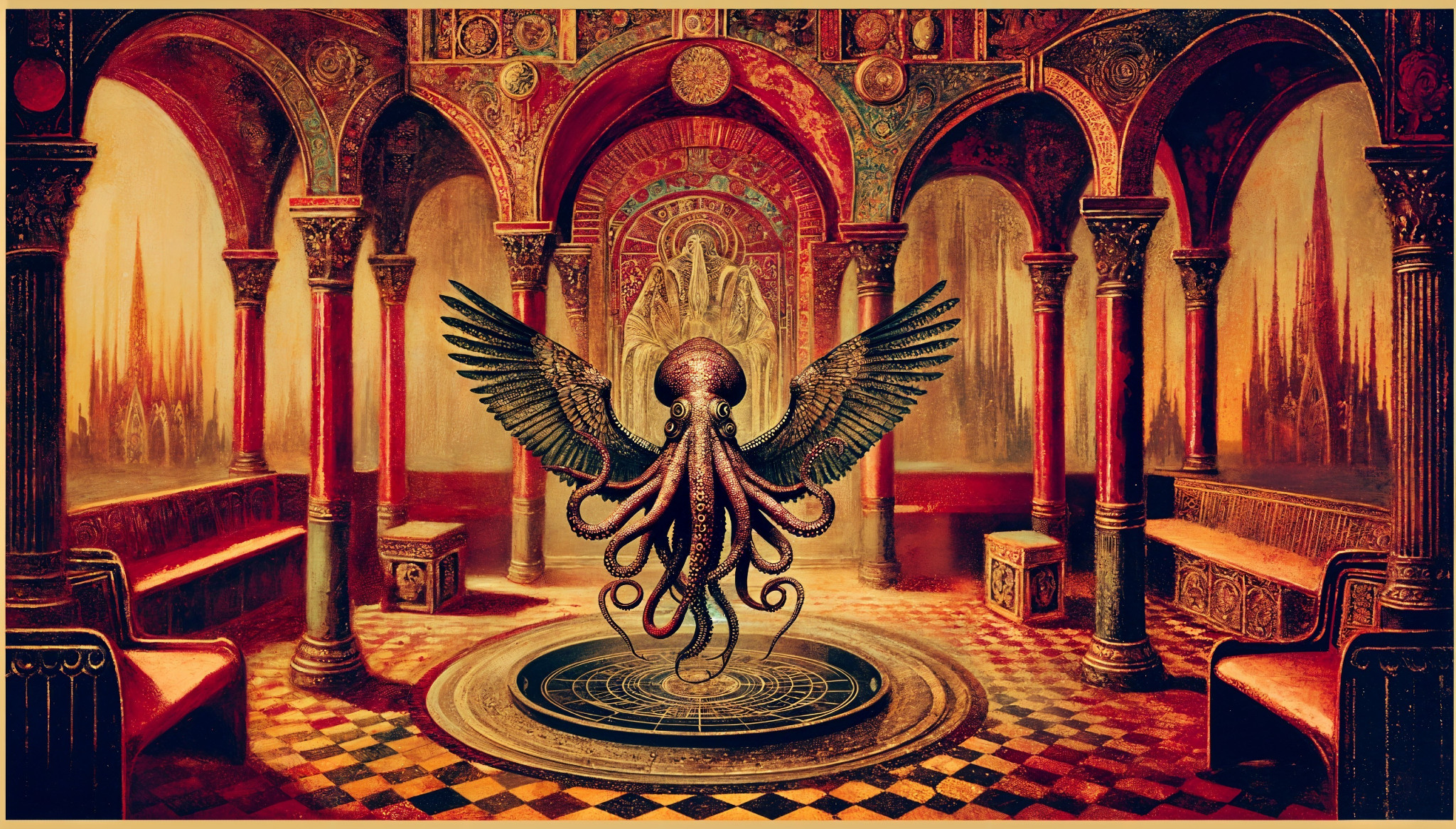 Gothic Fantasy Interior with Winged Octopus Centerpiece