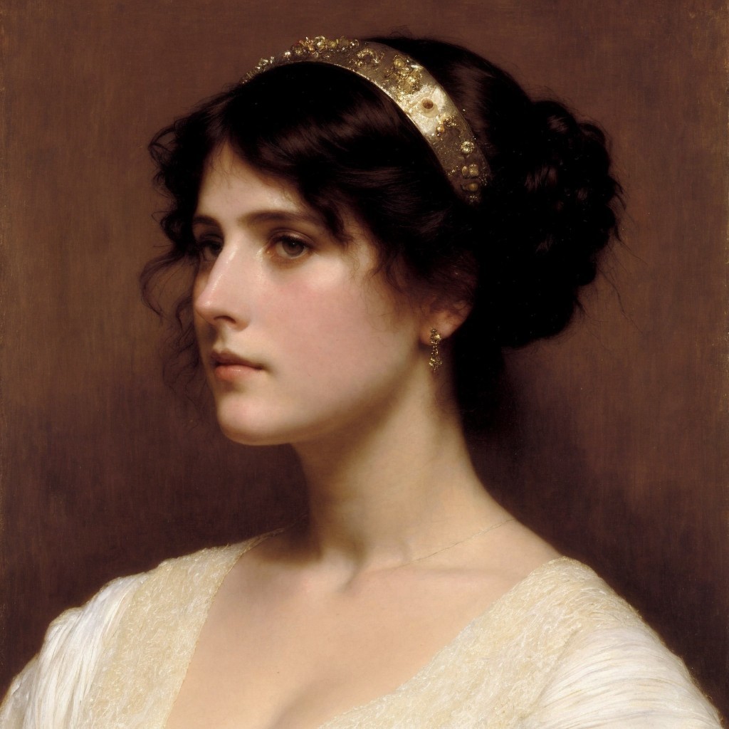 Portrait of a Young Woman with Gold Headband and Lace Top