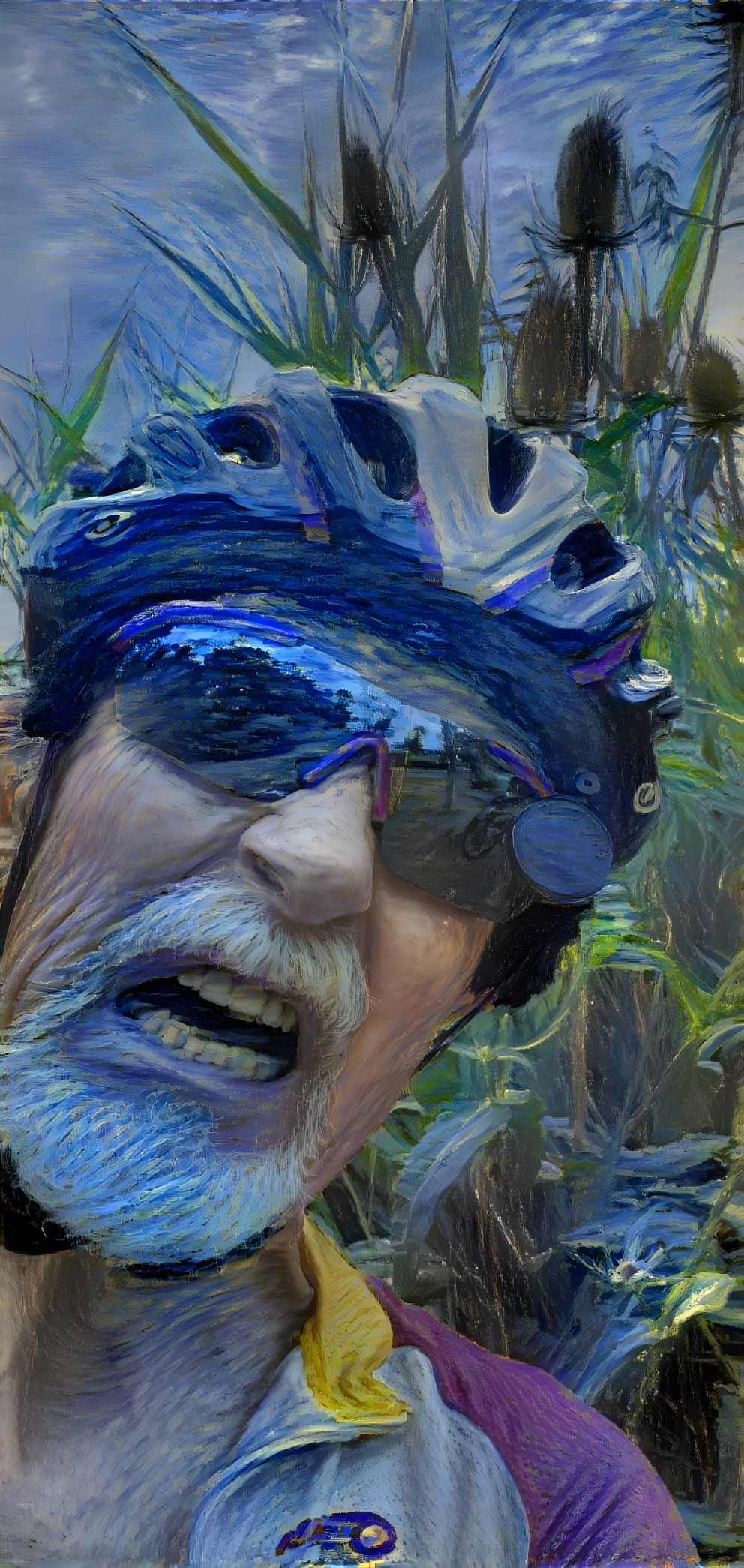 Close-up of an older man in cycling gear outdoors