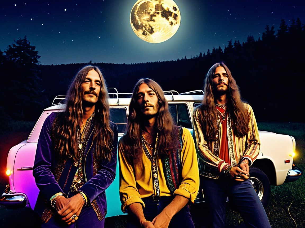 Three Men in Vintage Outfits Under Full Moonlight