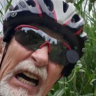 Close-up of an older man in cycling gear outdoors