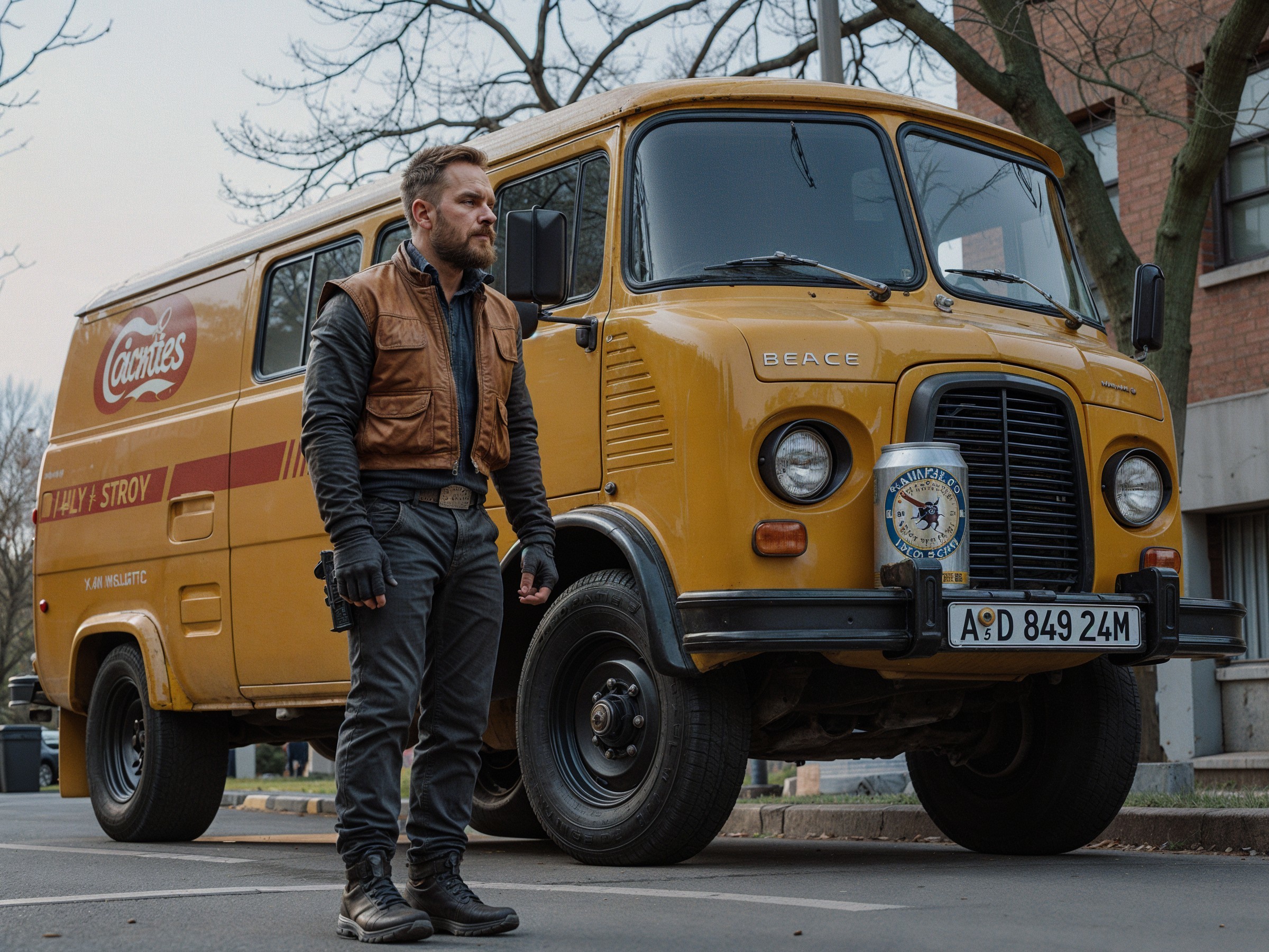 Rugged Man Next to Vintage Yellow Cookies Van