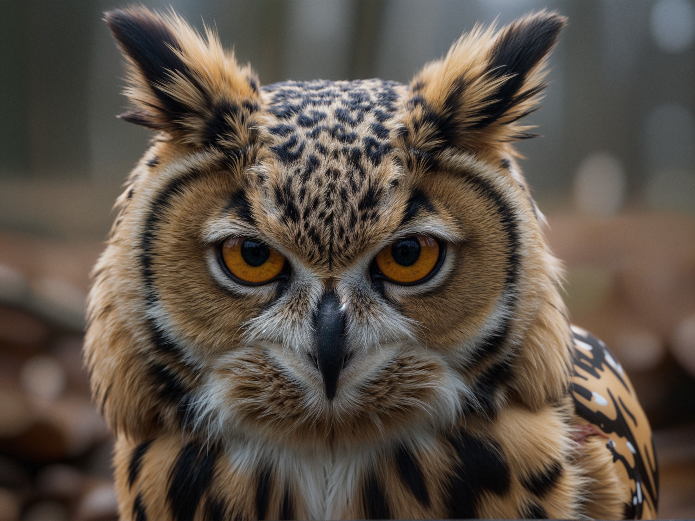 Majestic owl with intricate plumage and amber eyes