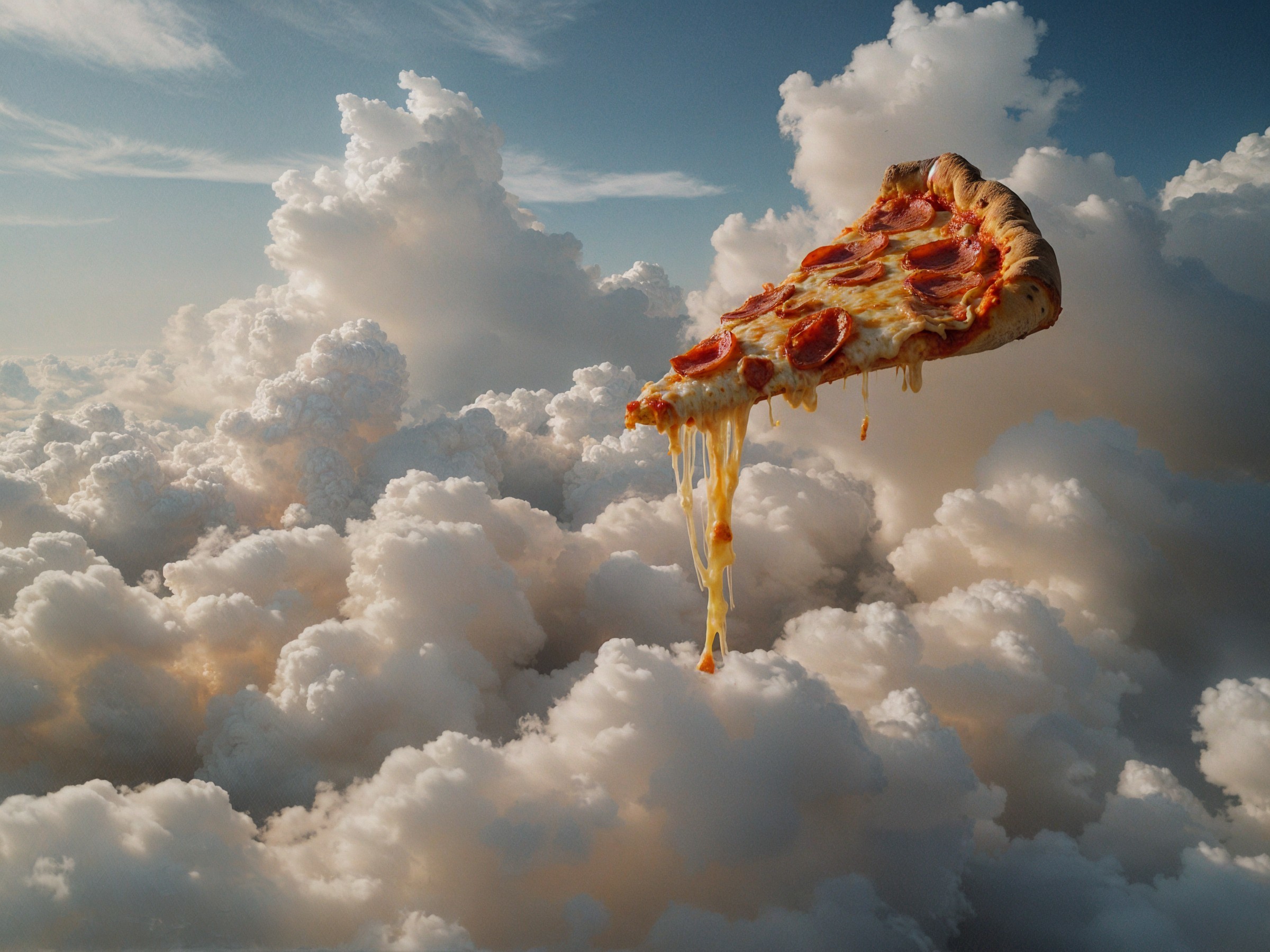 Whimsical Pizza Slice Among Fluffy Clouds in Sky