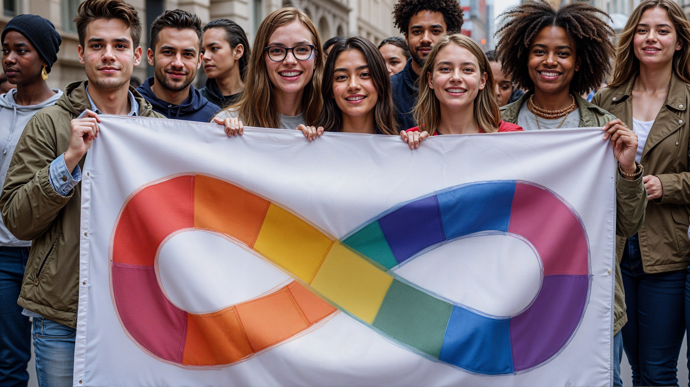 Diverse Group with Infinity Symbol Flag in City Street