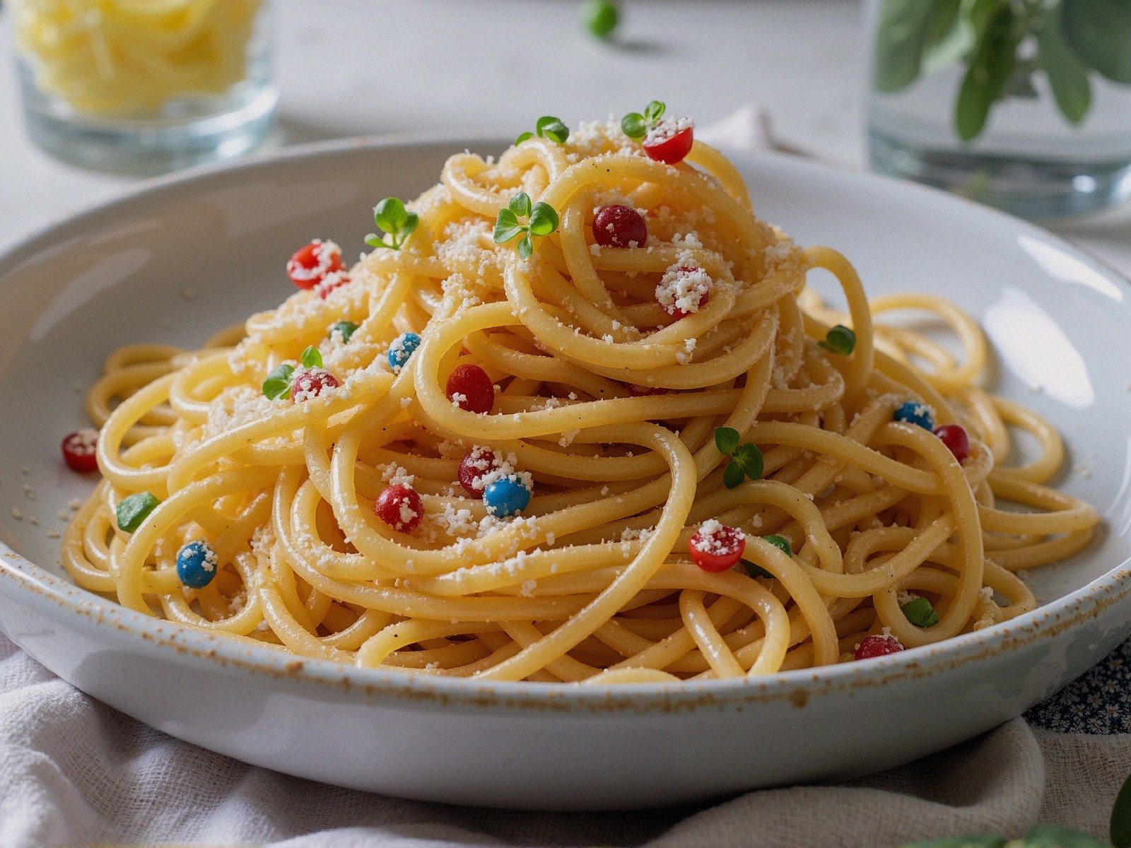 Whimsical Spaghetti Dish with Colorful Candy Toppings